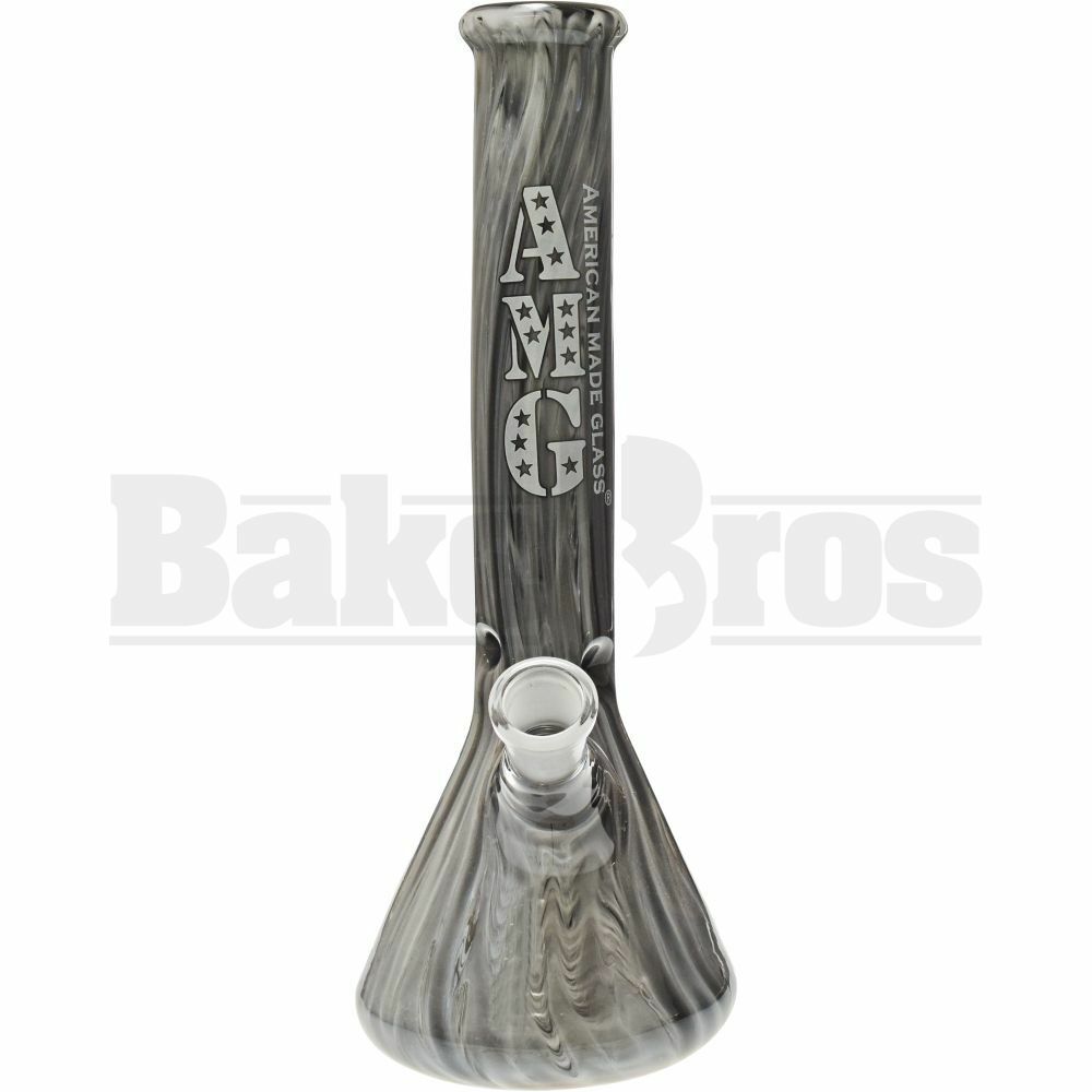 AMG GLASS WP BEAKER W/ RAKED DESIGN 10" BLACK WHITE FEMALE 18MM