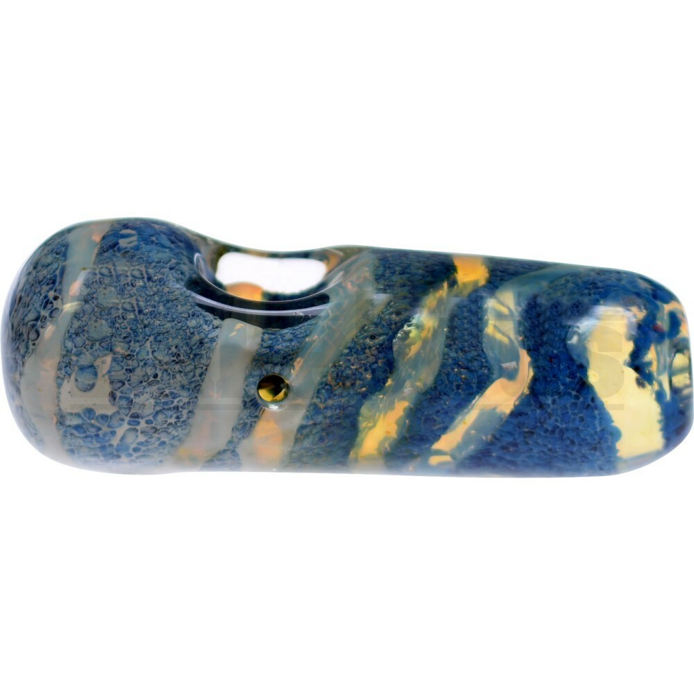 GLASS HAND PIPE STEAM ROLLER HEAVY FRIT SPIRAL 4" BLUE CARAMEL FUMED